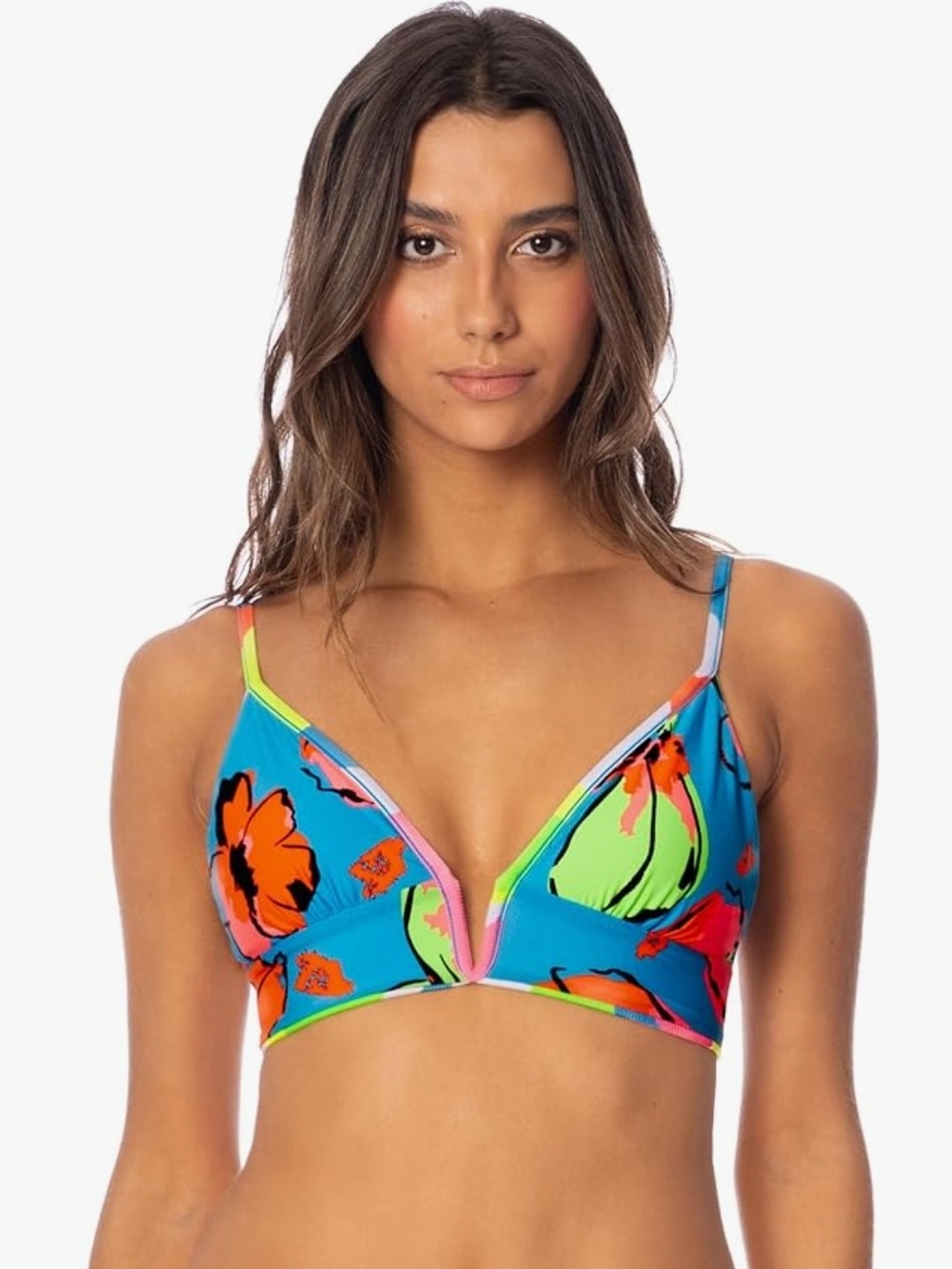 Maaji Turquoise Floral V-Neck Bikini Top with Neon Accents